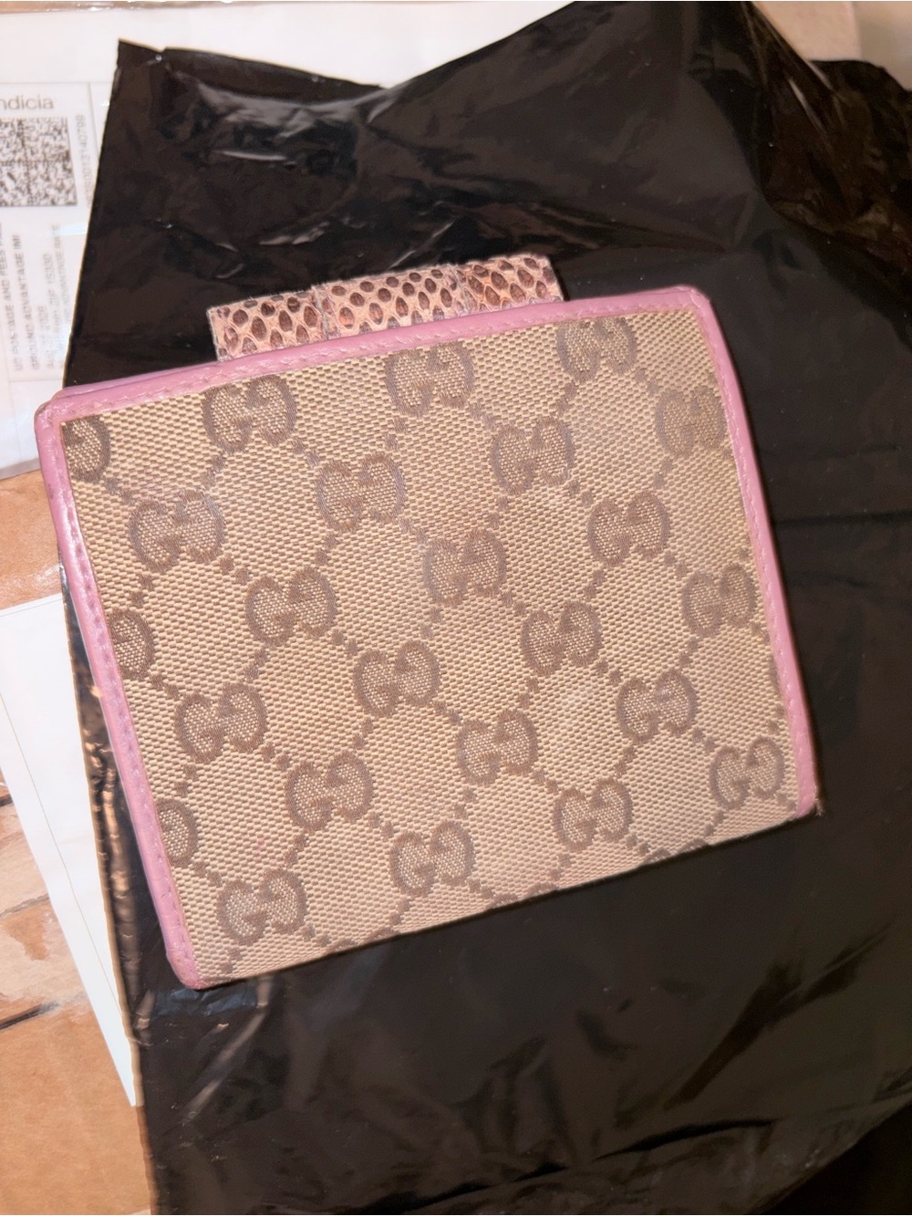 Monogram Wallet with Pink Trim and Snakeskin Snap